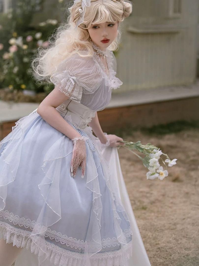 クラシカルロリータ ワンピース★水色×白 レース装飾 お姫様ドレス❤️ 新品 25新作クラシカルロリータ ワンピース☆水色×白 レース装飾