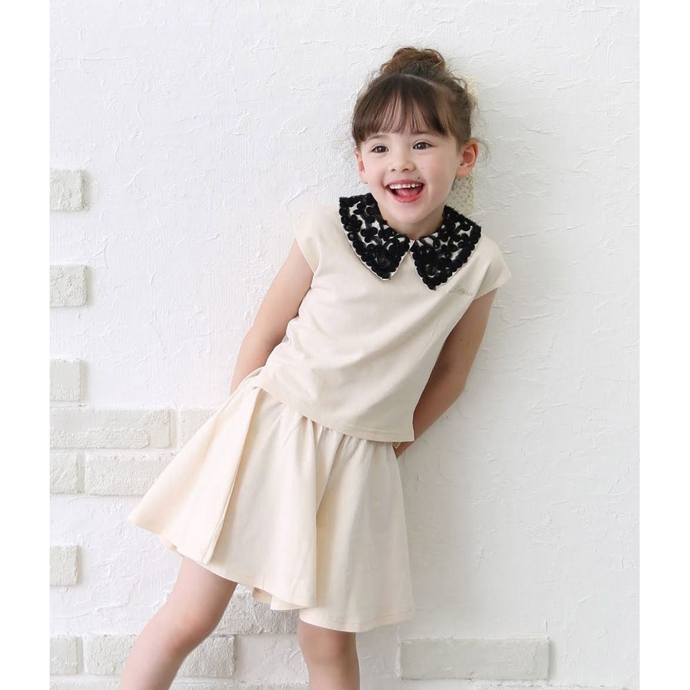 アイボリー 120cm コットンエアリー丸襟上下セット キッズ 女の子 おしゃれ 服 セットアップ 上下セット 夏 72052401 半袖 カットソー キュロット キュロットスカート 襟付き 刺繍 綿 かわいい カジュアルセットアップ