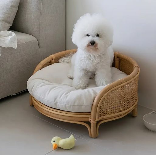 小型ボヘミアンラットン犬用ベッド ふわふわのクッション付き - ラウンド 夏のクーリングペットネスト テディブレッド用 ライトブラウンウッドフレーム 屋内居心地