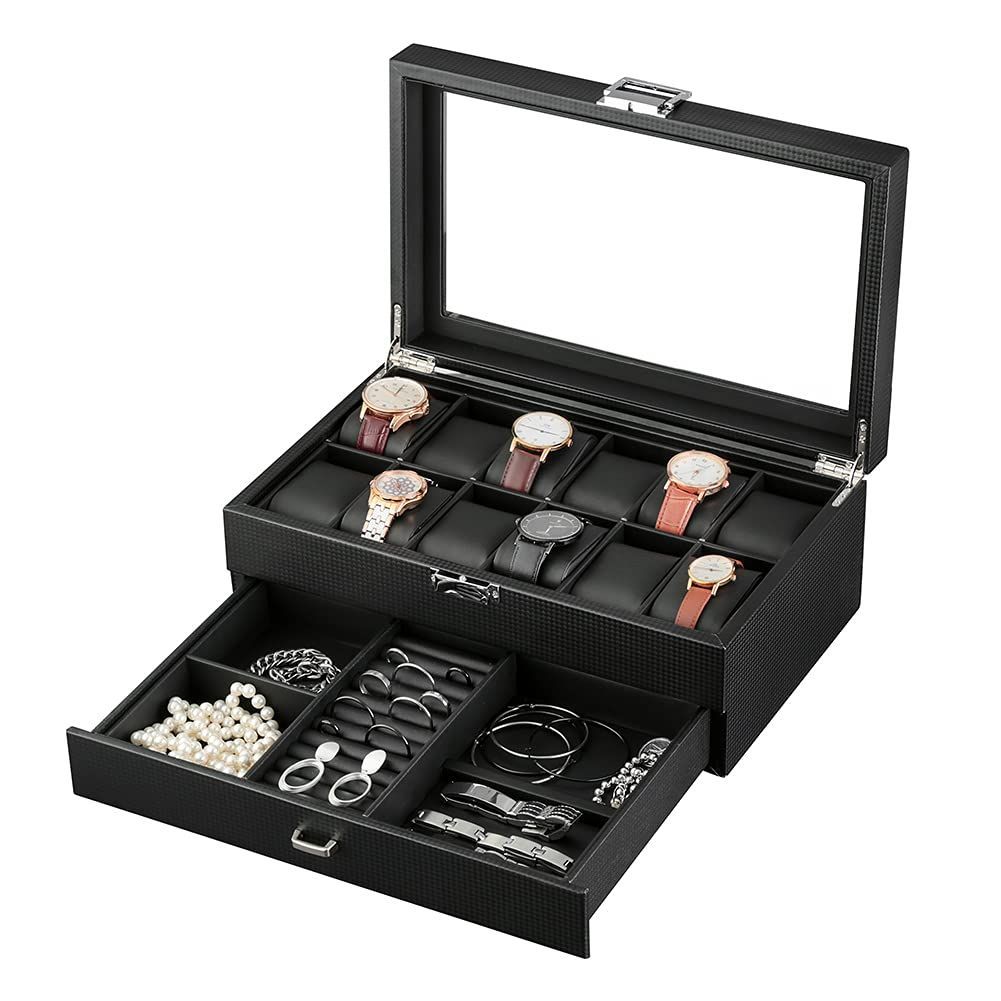 12本 2段式-炭素繊維 EUNOMIA 腕時計収納ケース 時計ケース 12本 時計 収納ボックス 2段式 アクセサリー 収納 高級 ウォッチ 収納ケース コレクションケース PUレザー製 (12本 2段式-炭素繊維)