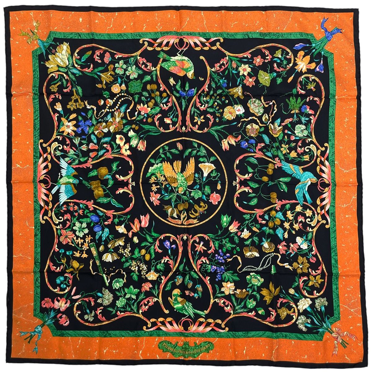 エルメス HERMES カレ 90 PiERRES d ORiENT et d OCCiDENT 東洋の石と西洋の石細工 鳥 花 果実 果物 スカーフ シルク ブラック オレンジ マルチカラー レディース