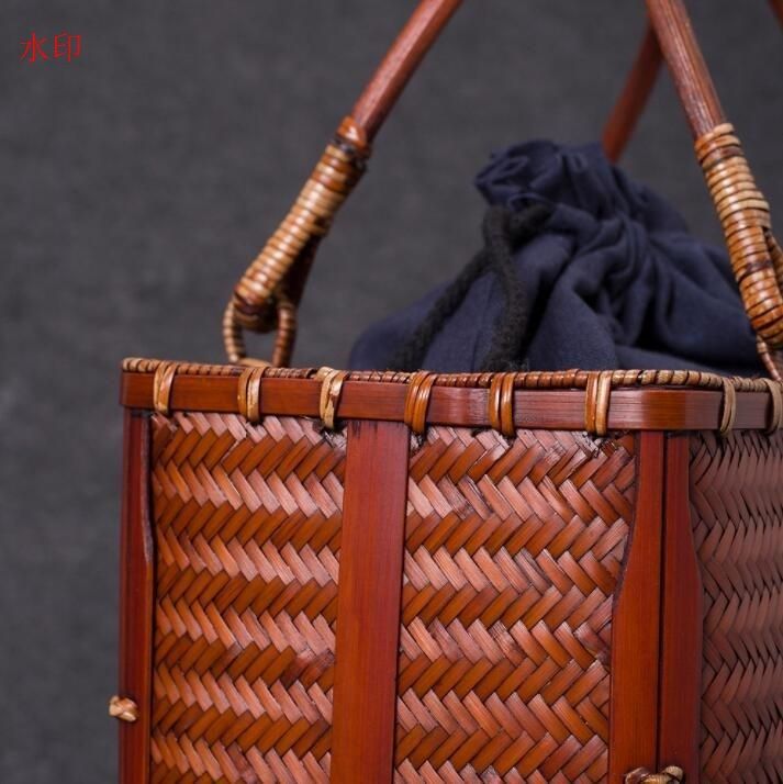 竹細工　蓋付き収納ボックス ブラウン茶道収納バッグ竹編バッグ 手作工芸品 竹細工 ☆茶道収納バッグ☆竹編バッグ ハンドバッグ 古風便攜 手