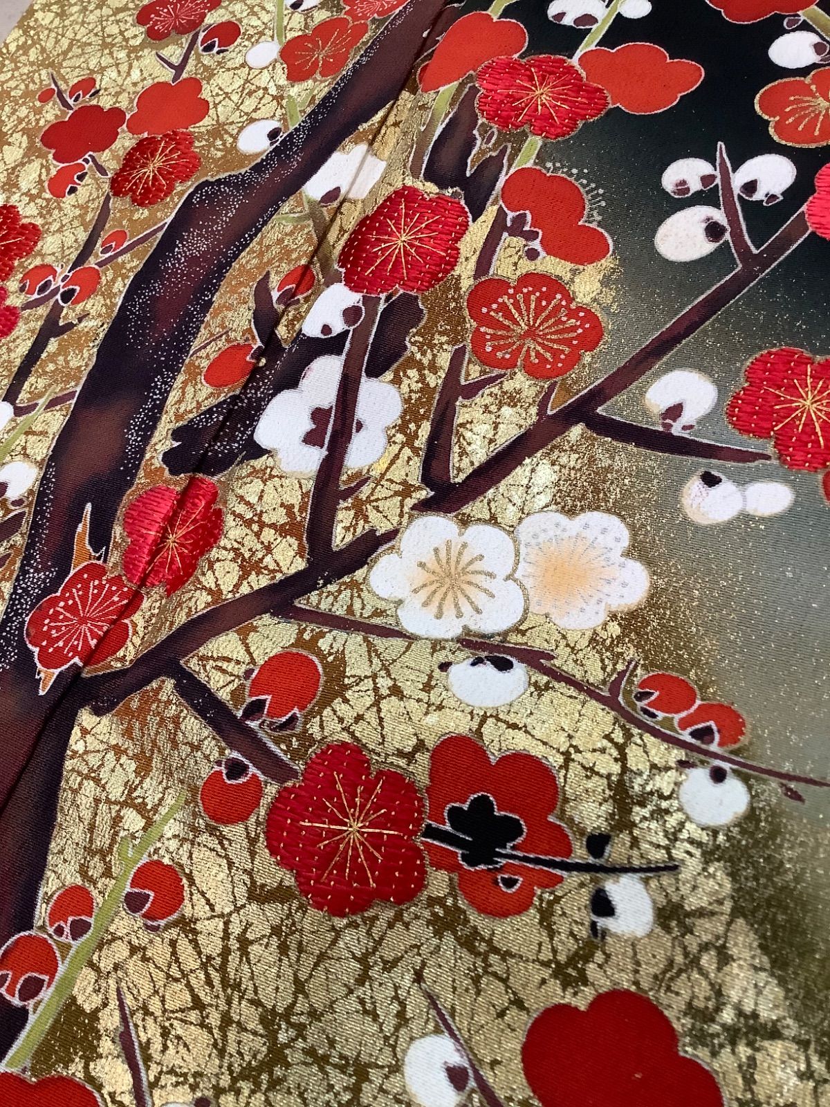 正絹 黒留袖 リメイク用 着物 金駒 刺繍 扇 鶴 梅 3枚セット