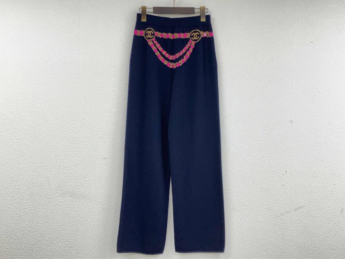 CHANEL シャネル カシミヤ ニット ロング パンツ ココマーク 柄入り ネイビー P74378K10840 サイズ36