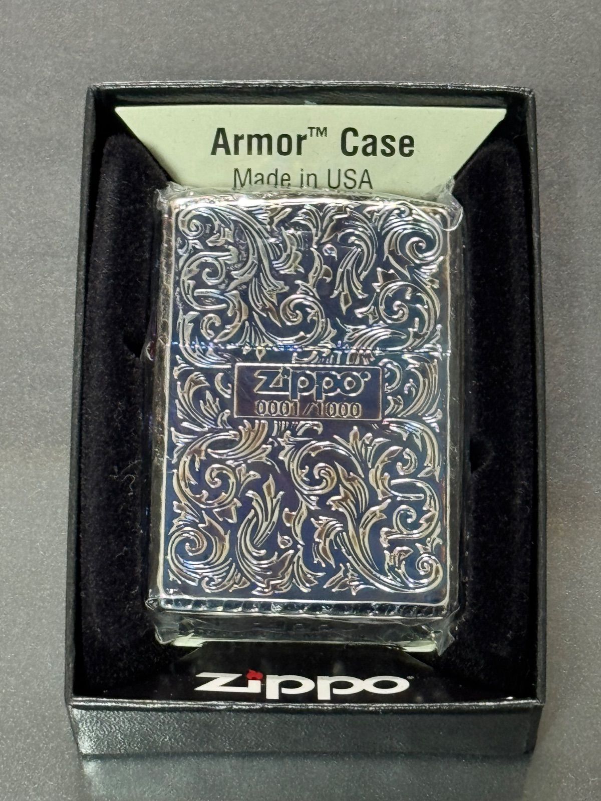 zippo 5面彫刻 ブルー シルバー アーマー 番号 NO.0001 特殊加工品 シャインレイカット Armor Case Heavy Wall シリアルナンバー NO.0001|1000 ケース 保証書