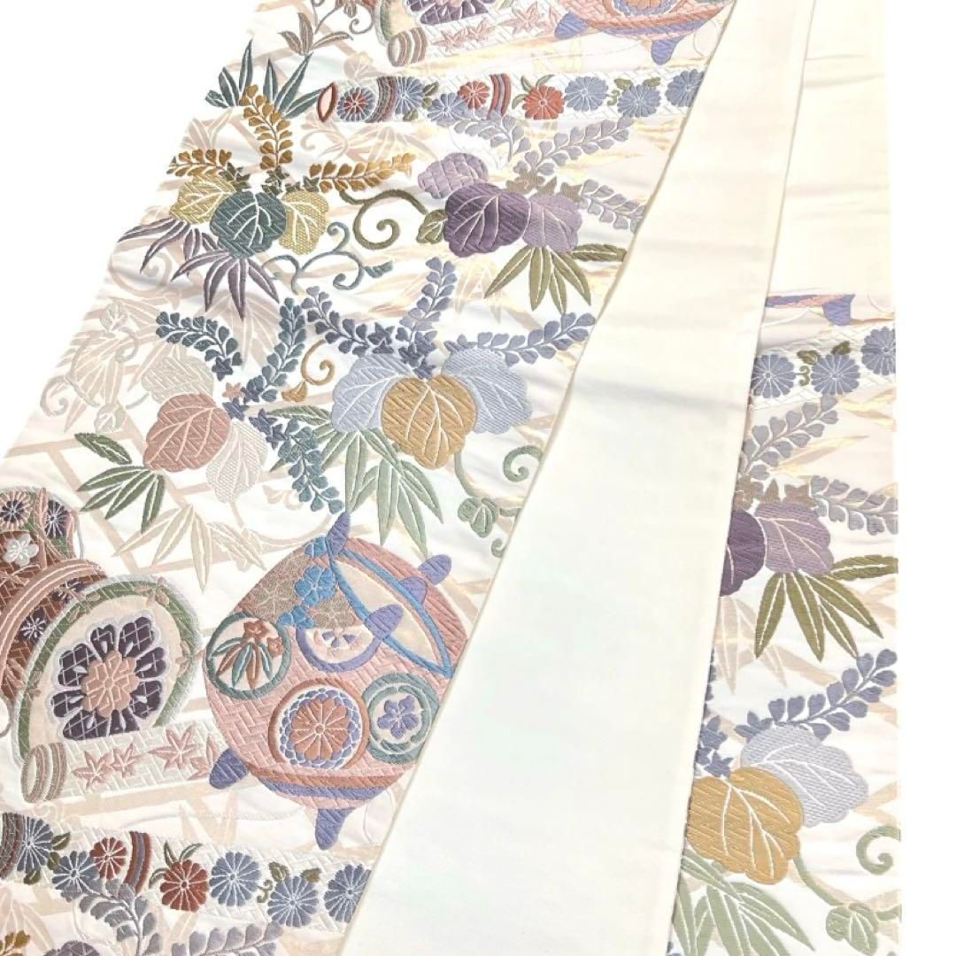 袋帯 桐の花 楽器 竹 唐草 糸巻き器 笛 太鼓 菊 着物 053a d