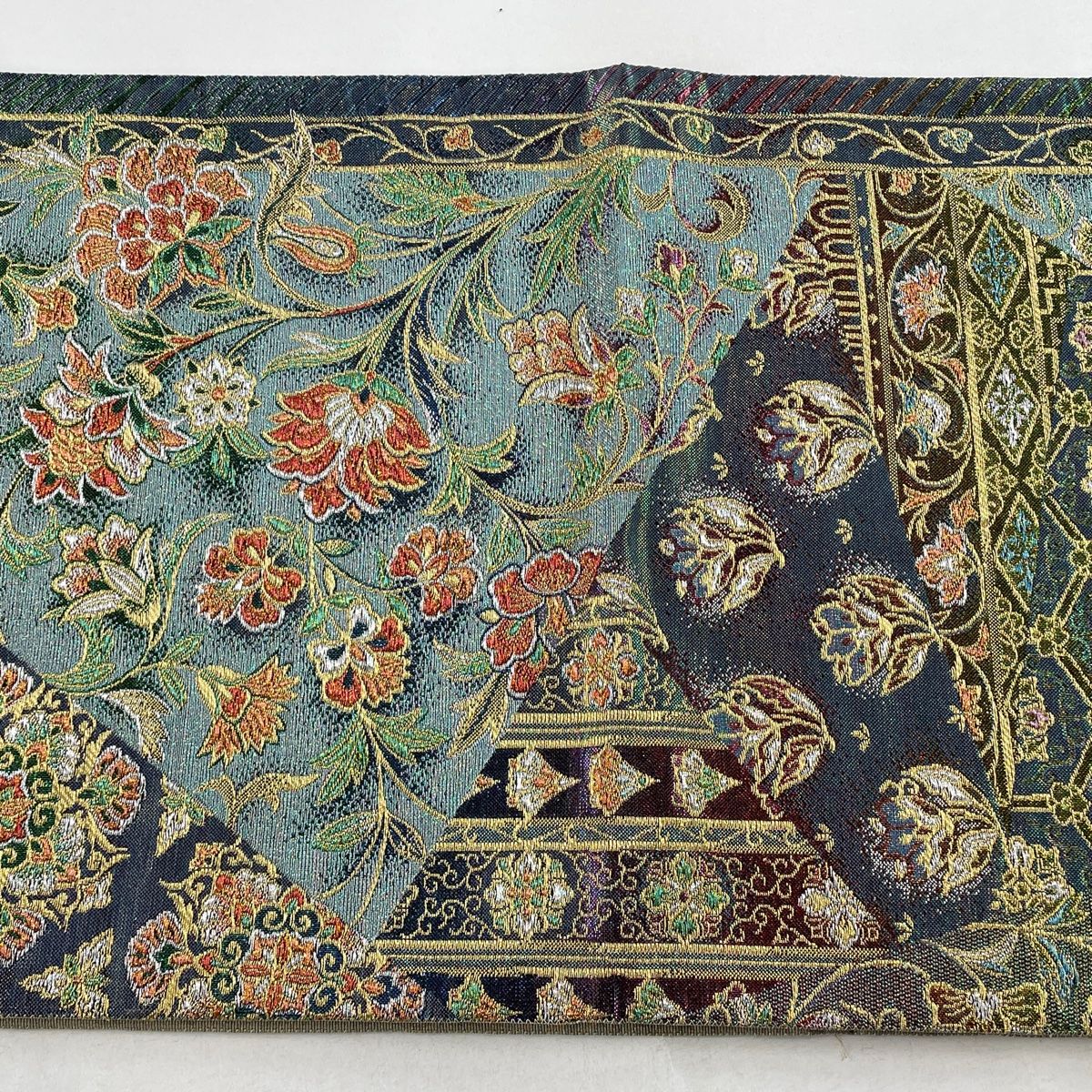 袋帯 美品 名品 花唐草 枝梅 唐織 金銀糸 青緑 六通 正絹 中古