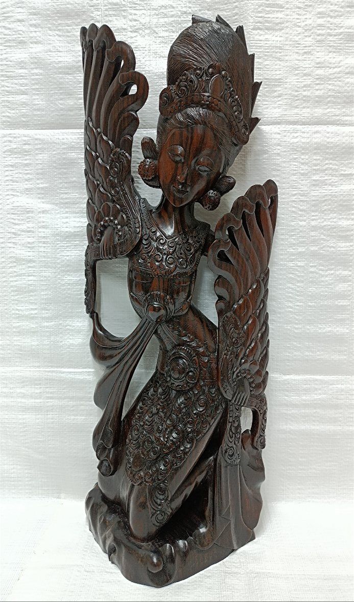 置物・バリ島 縞黒檀製木彫り 女神舞踊彫刻置物 高さ53cm 極上品 