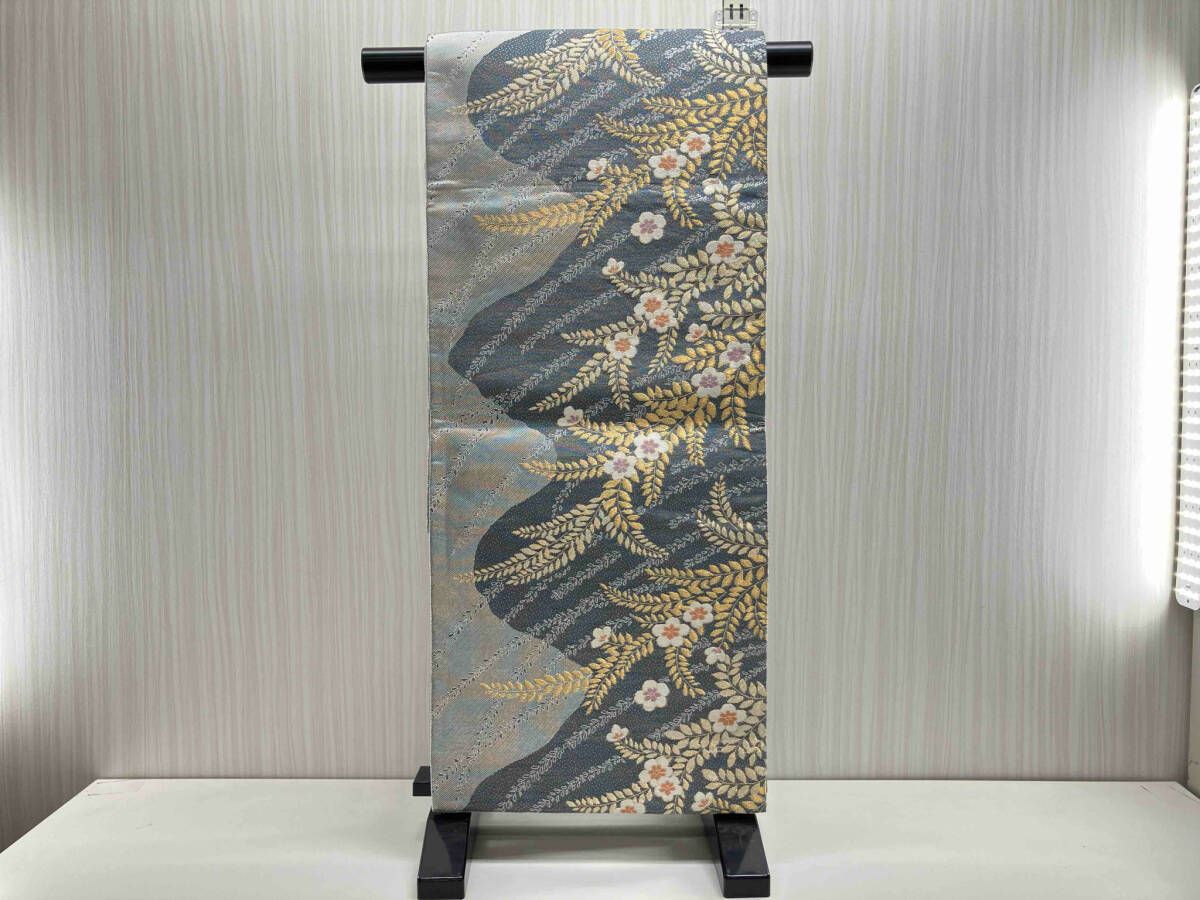 袋帯 正絹 錦 枝花 霞 菱模様 金銀糸 青灰色 六通柄 谷口絹織 - メルカリ