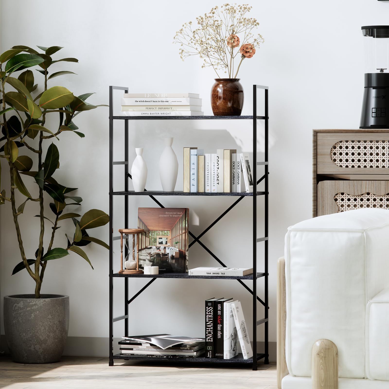 収納 収納ラック スリム 隙間収納 オープンシェルフ 木製棚板 スチールラック 棚 幅58.6×奥行23.5×高さ112cm 4段 ラック 組立品 ブラック