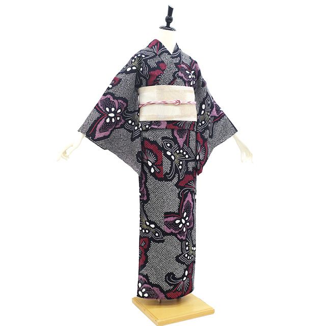 A56有松鳴海絞り 浴衣 【蝶と花】夏物 夏 木綿 綿 手縫い 新品 有松鳴海絞り 蝶 夏着物 仕付け糸付 トールサイズ“銀河を