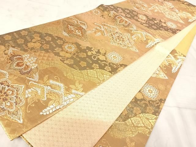 平和屋着物◎佐賀錦 六通柄袋帯 双鶴花文 金銀糸 正絹 逸品