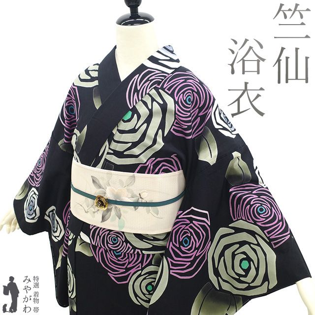 新品】 夏物 浴衣 未使用 竺仙 鑑製 注染 ゆかた 木綿 綿 黒