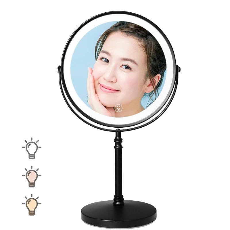 AMZTOLIFE 化粧鏡 LEDライト付き 女優ミラー 10倍拡大鏡 3色調節 無段階調光 USB充電式 コードレス 360度回転 タッチ式 自然光再現 高色彩還元 鏡 卓上 スタンドミラー （ブラック） 1