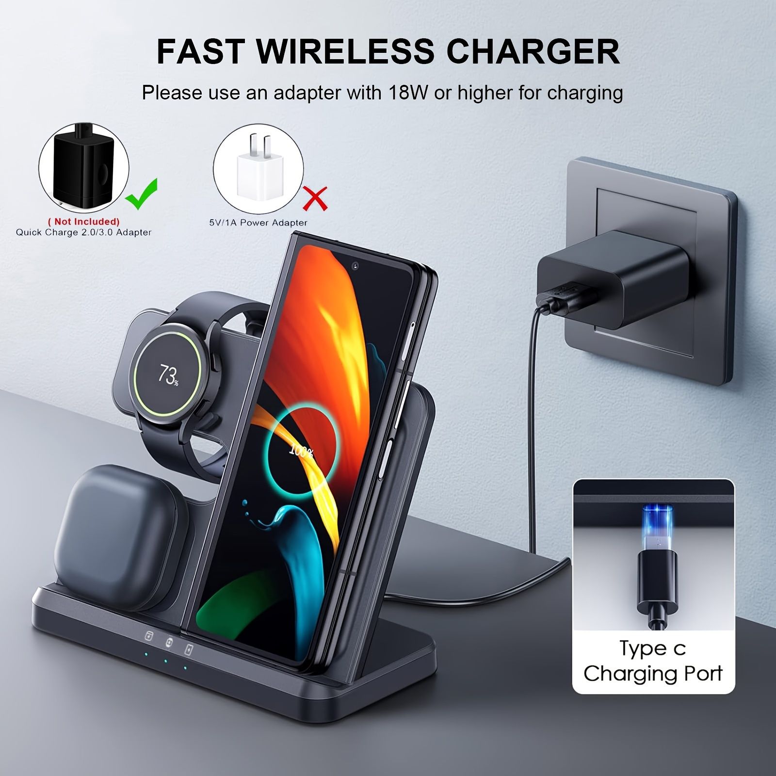 携帯電話Galaxy Watch 7/5/4/3用ヘッドフォン三合一15Wワイヤレス充電器S24S23縦型ワイヤレス充電スタンドBuds2充電器