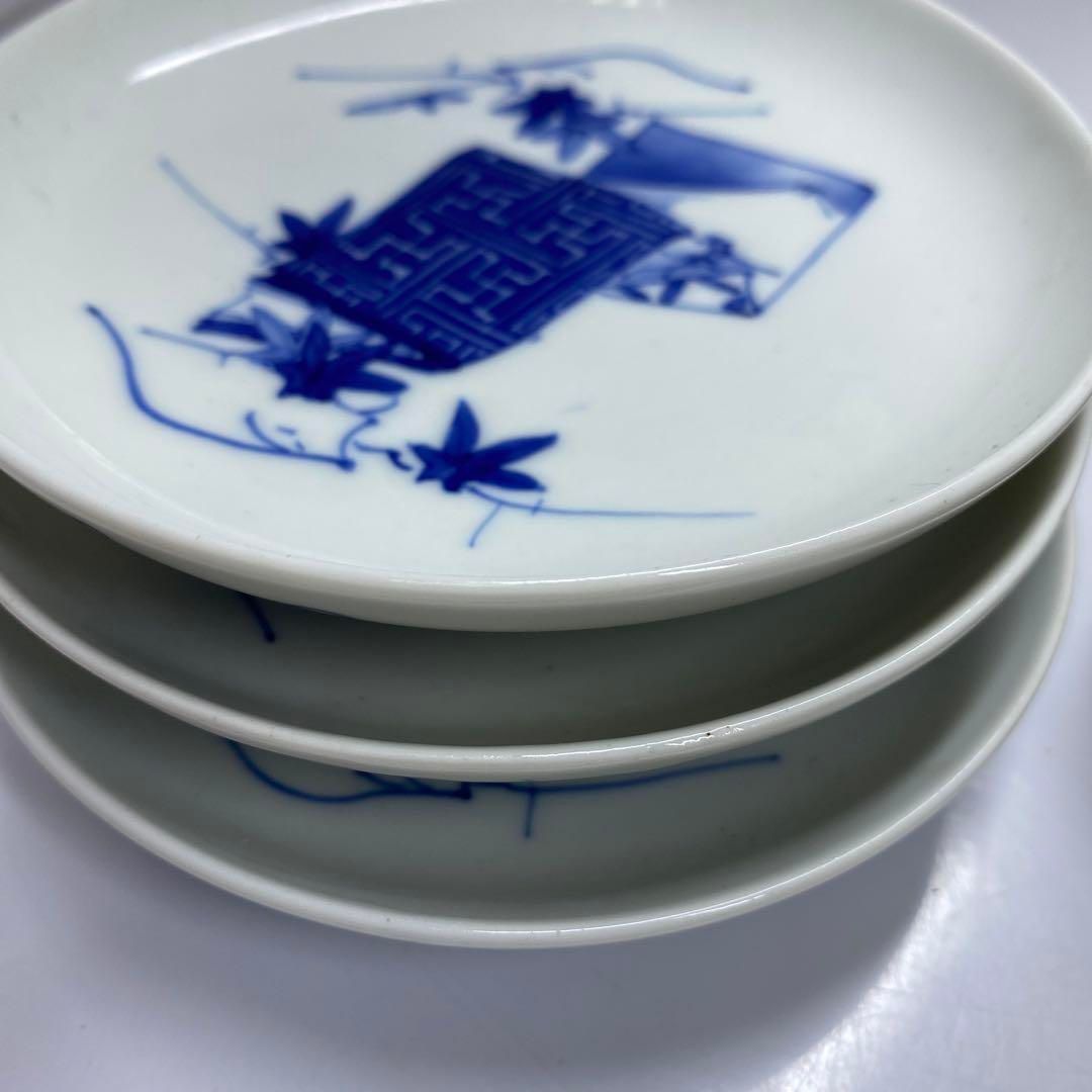 時代 鍋島焼 櫛目高台染付中皿7枚 直径11.9㎝ 東Y6-