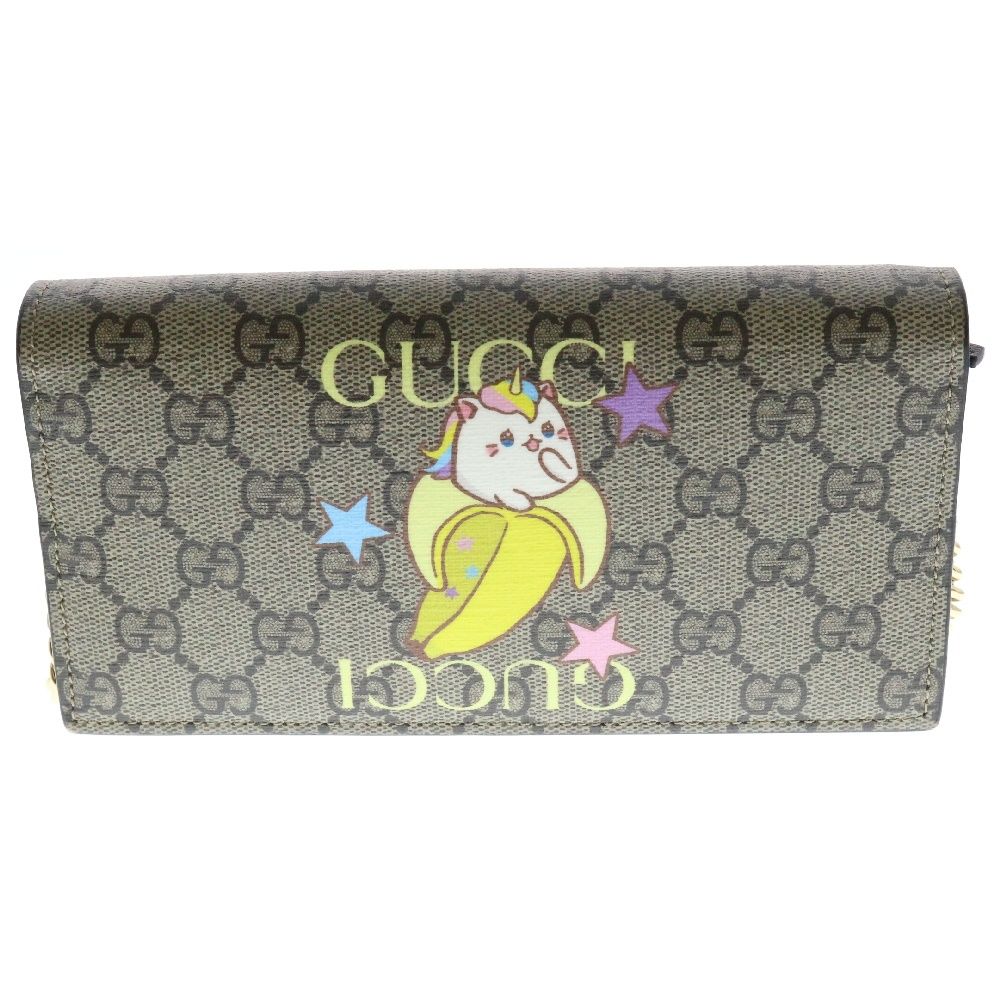 GUCCI グッチ GGスプリーム レインボー-ハートスター ばなにゃ チェーンウォレット 長財布 ショルダーバッグ ベージュ PVCレザー 701061