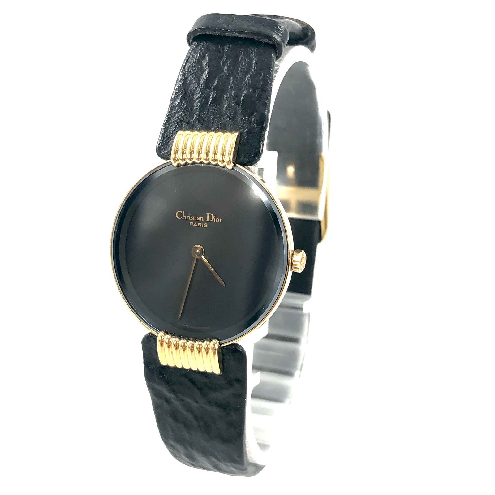 ChristianDior クリスチャンディオール ブラックムーン 46-153-4 レザー×GP|QZ ブラック文字盤 レディース腕時計 稼動品 OE-924