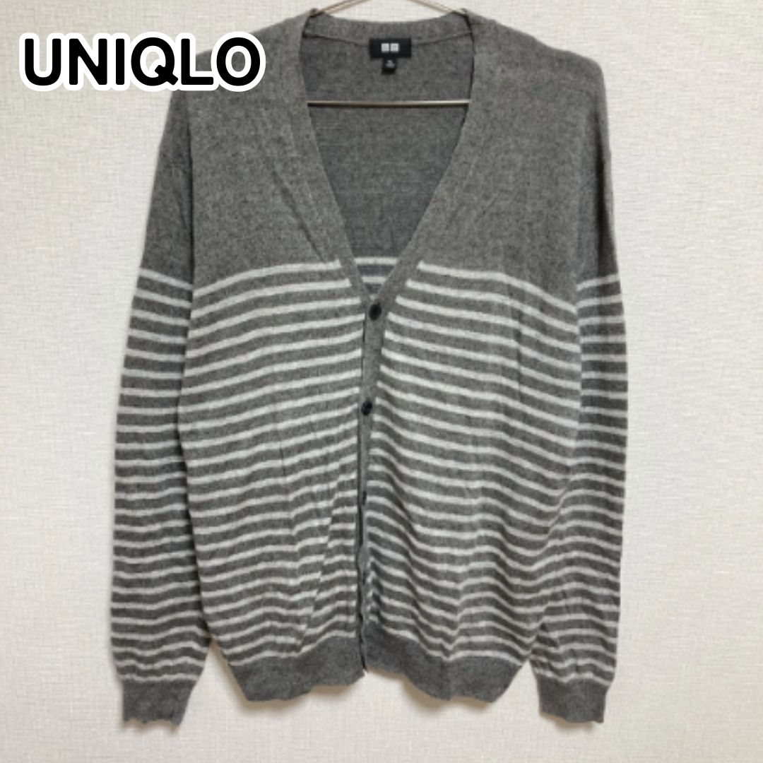 UNIQLO ユニクロ XL グレー×ホワイト ボーダー柄 Vネック 麻混合