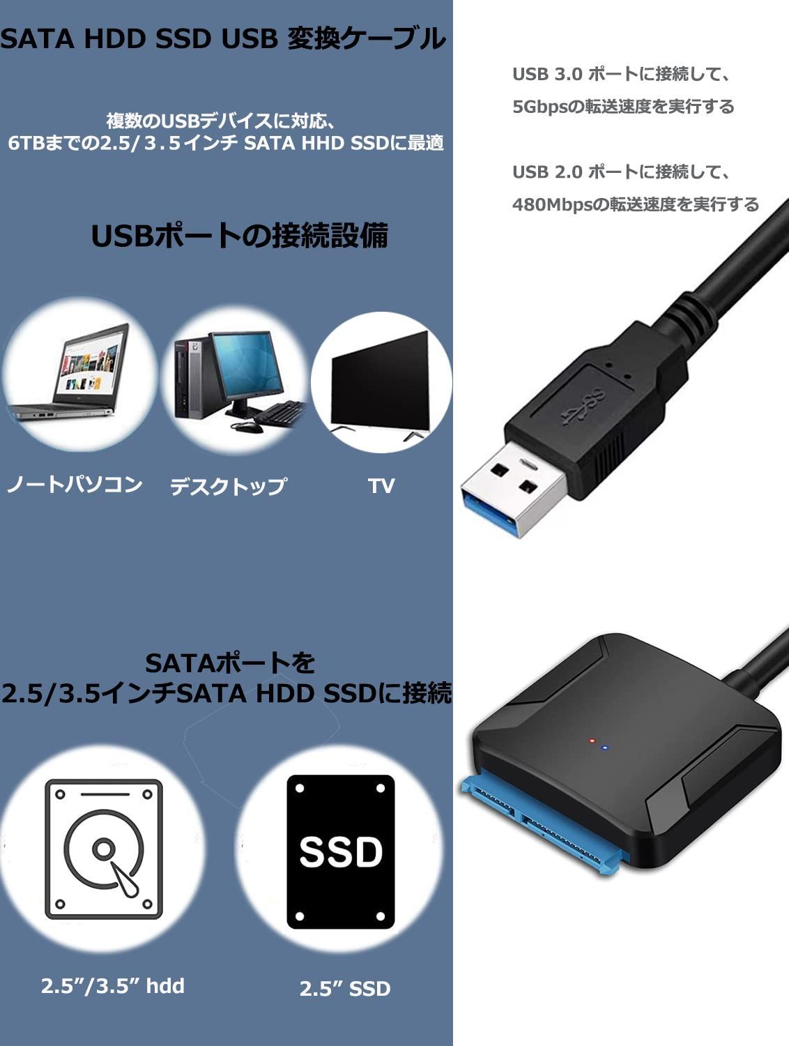 SATA変換ケーブル SATA USB変換アダプター SATA-USB3.0変換ケーブル 2.5インチHDD SSD SATA to USBケーブル 50cm HDD SSD換装キット