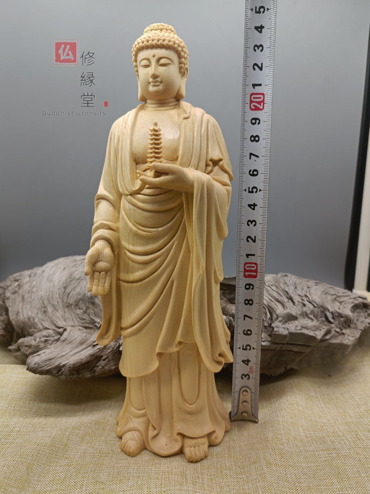 修縁堂】木彫り 仏像 薬師如来立像 薬師仏 彫刻 一刀彫 天然木檜