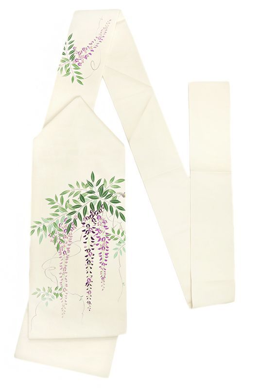 名古屋帯 絹菱 正絹 本加工友禅 手描き友禅 塩瀬 ベージュ 生成り 藤