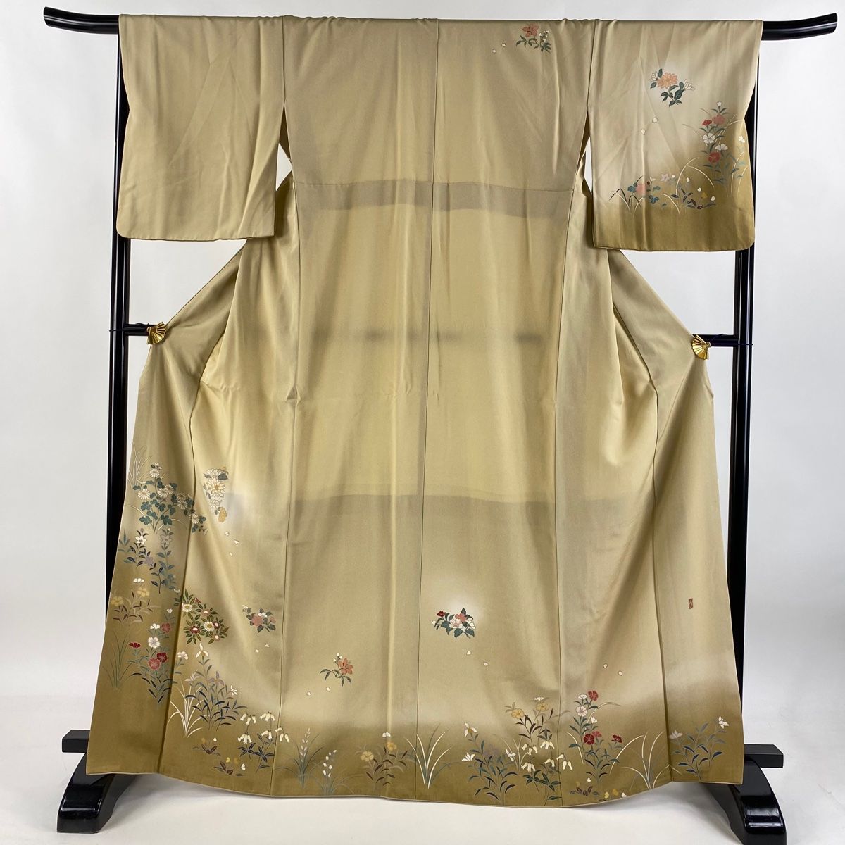 訪問着 身丈166.5cm 裄丈66cm M 袷 落款 草花 花びら 染め分け ぼかし ベージュ 正絹 秀品