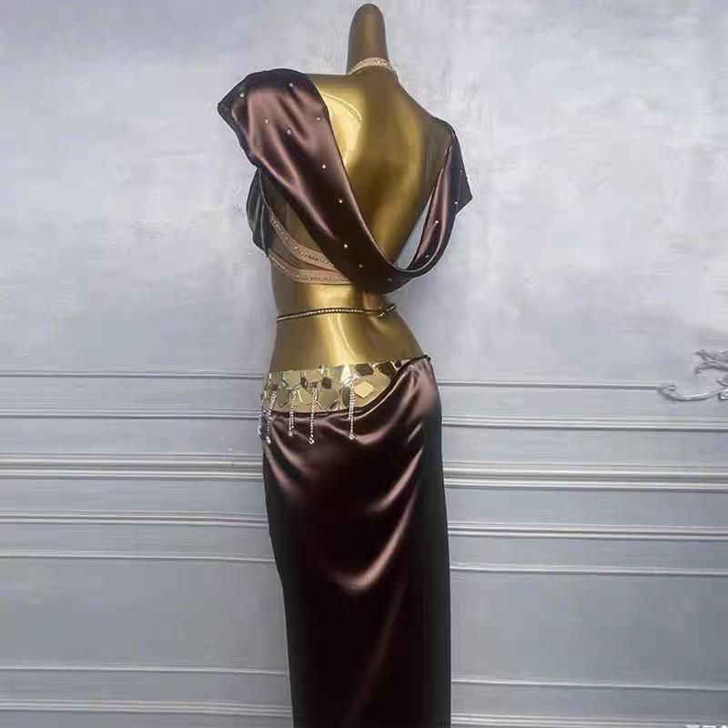 ♥ 背中 ベリーダンス衣装 トップスブラ スカート 光沢 オーダーメイド ブラウン M|L