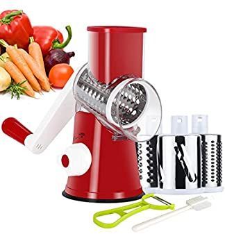 Ourokhome 手動ロータリーチーズおろし器 - ラウンドタンブリングボックスシュレッダー 野菜 ナッツ ポテト ピーラー ブラシ レッド
