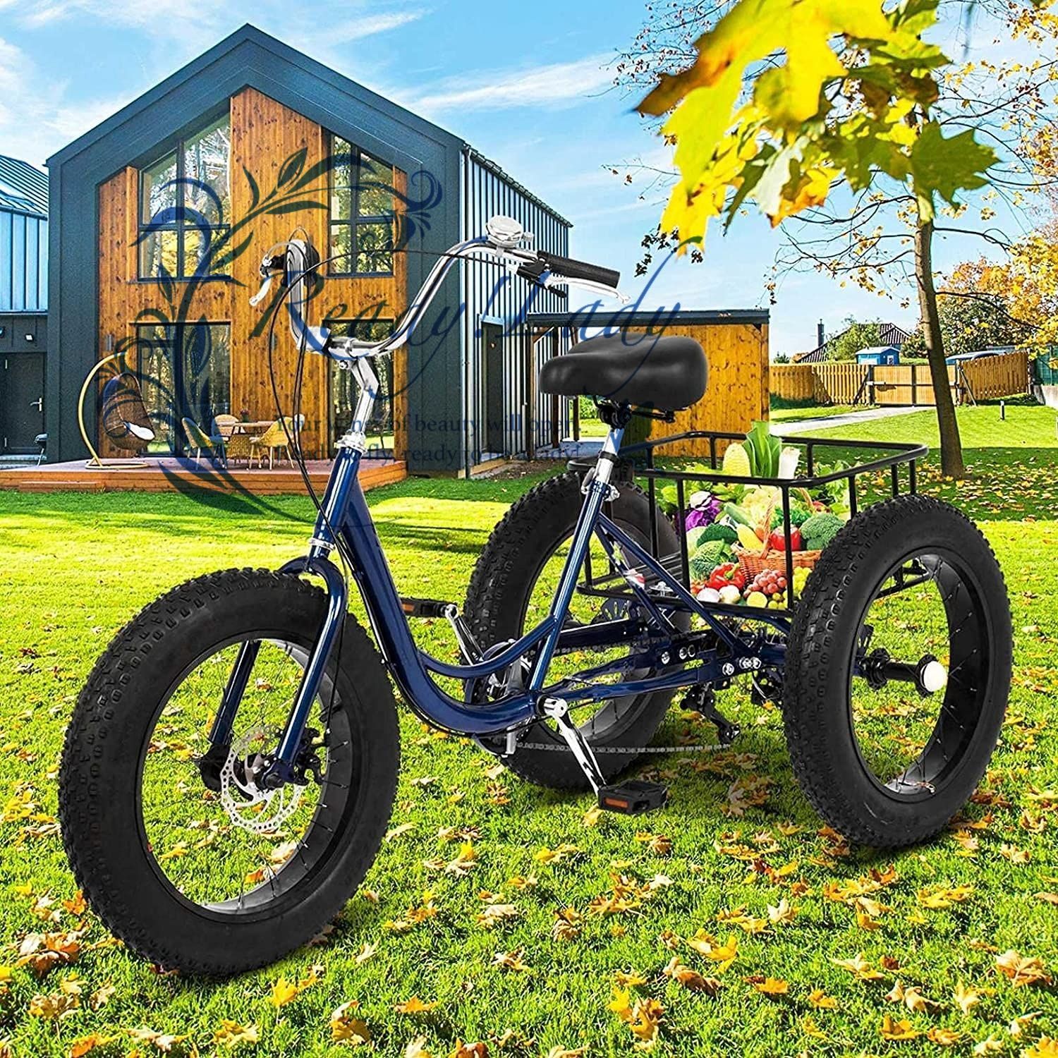 大人の三輪車の自転車 3つの車輪クルーズトライク 1|7スピードの3輪ショッピングのための3輪 設置ツール 快適な自転車 男性と女性のための 荷重容量330lbs Blue Fat tire