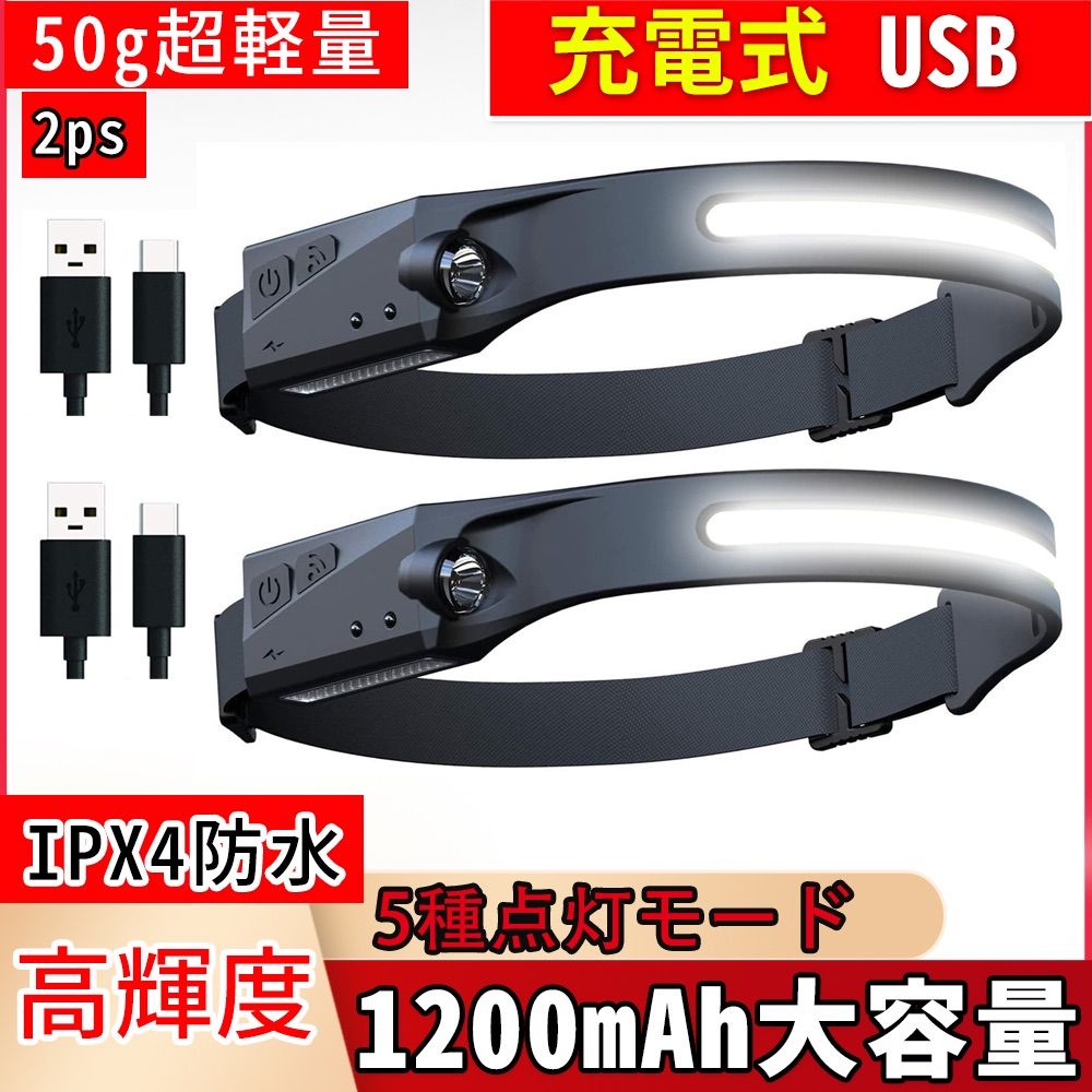 ヘッドライト 充電式 USB 高輝度 IPX4防水 超軽量 2点セット - ライト