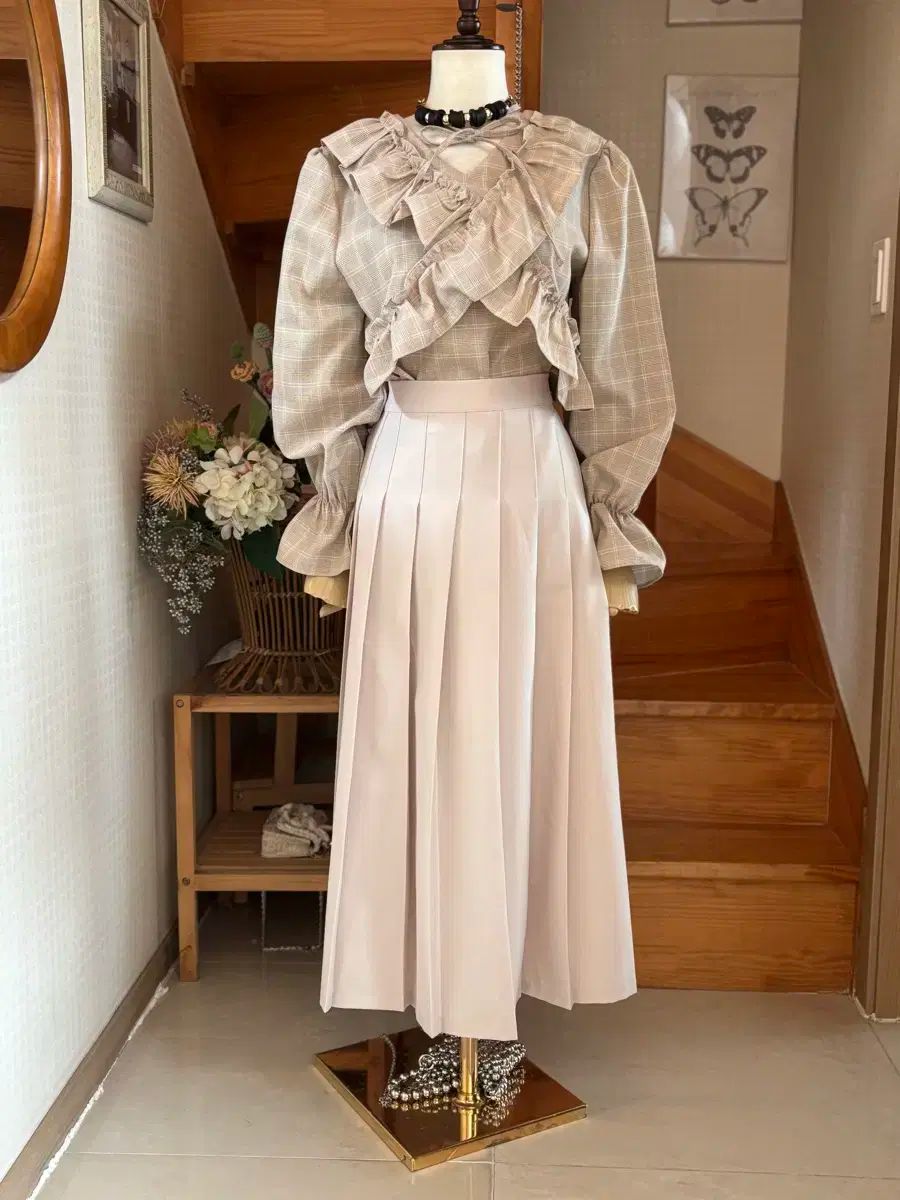 チェック フリル ブラウス ＋ プリーツ スカート セットアップ