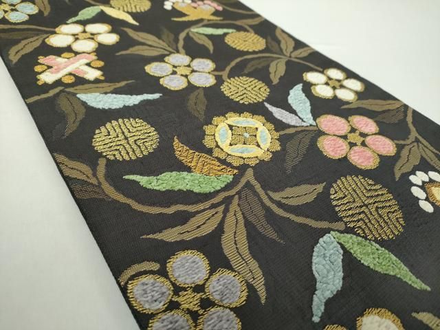 平和屋着物●六通柄袋帯　紬地　モール　名物裂　笹蔓緞子　宝尽くし　金糸　正絹　逸品　DAAY1571ps 平和屋着物○六通柄袋帯 紬地 モール 名物裂 笹蔓緞子 宝尽くし 金糸