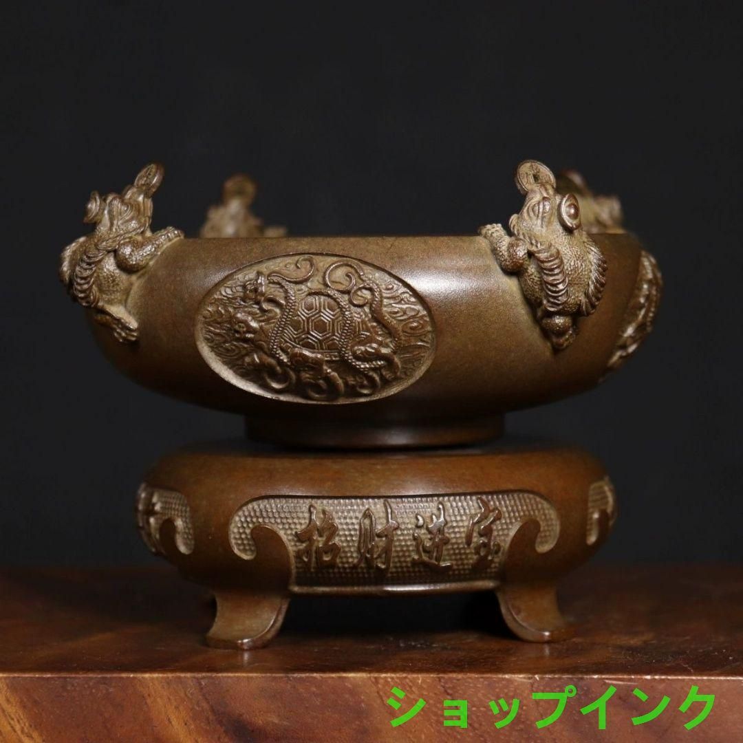 銅器 香炉 四神獣四方来財聚宝盆香炉 仏堂供養炉 装飾品 工芸品
