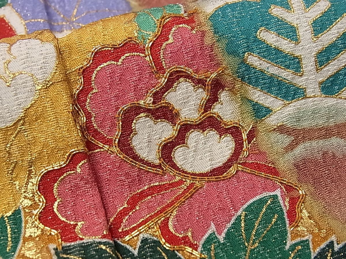 平和屋1■極上　振袖　駒刺繍　熨斗吉祥花毬文　暈し染め　金彩　逸品3s20349