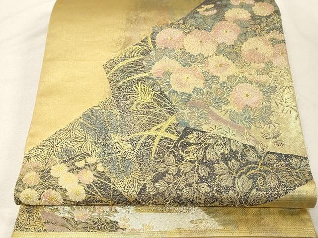 袋帯 引箔 金彩 織柄 素敵なデザイン 正絹 帯AO-915 平和屋着物◎六通柄袋帯 螺鈿 ワンポイント 霞文 金彩 引箔 正絹