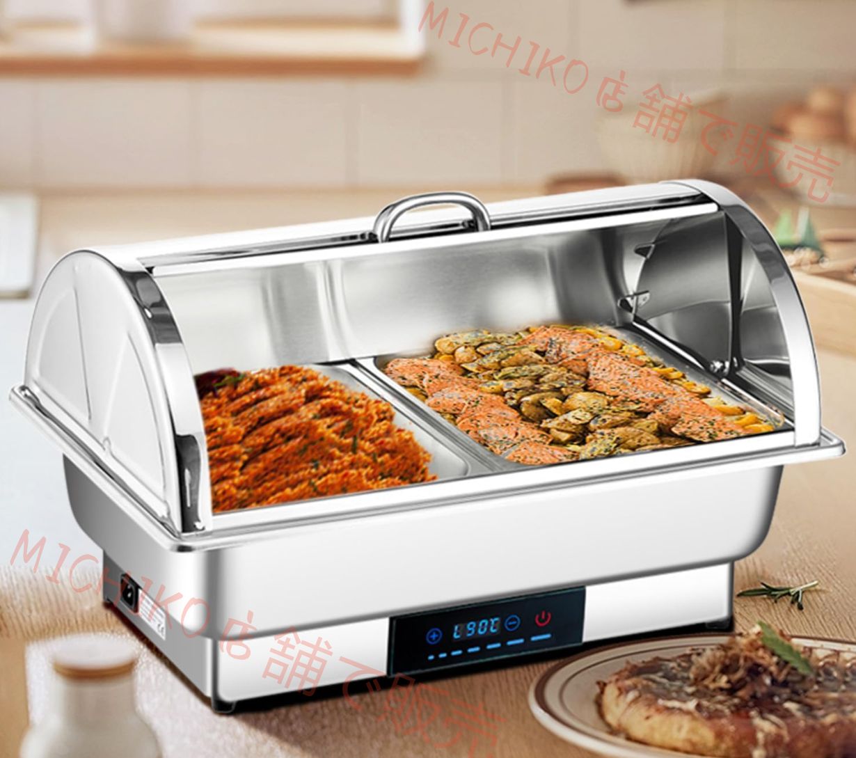 ビュッフェサーバー ビュッフェ ウォーマー 保温調理鍋 温度調整 加熱ウォーマー温度制御 湯煎式 ステンレス製 回転カバー付き food warm 業務用電気フードウォーマー バイキング