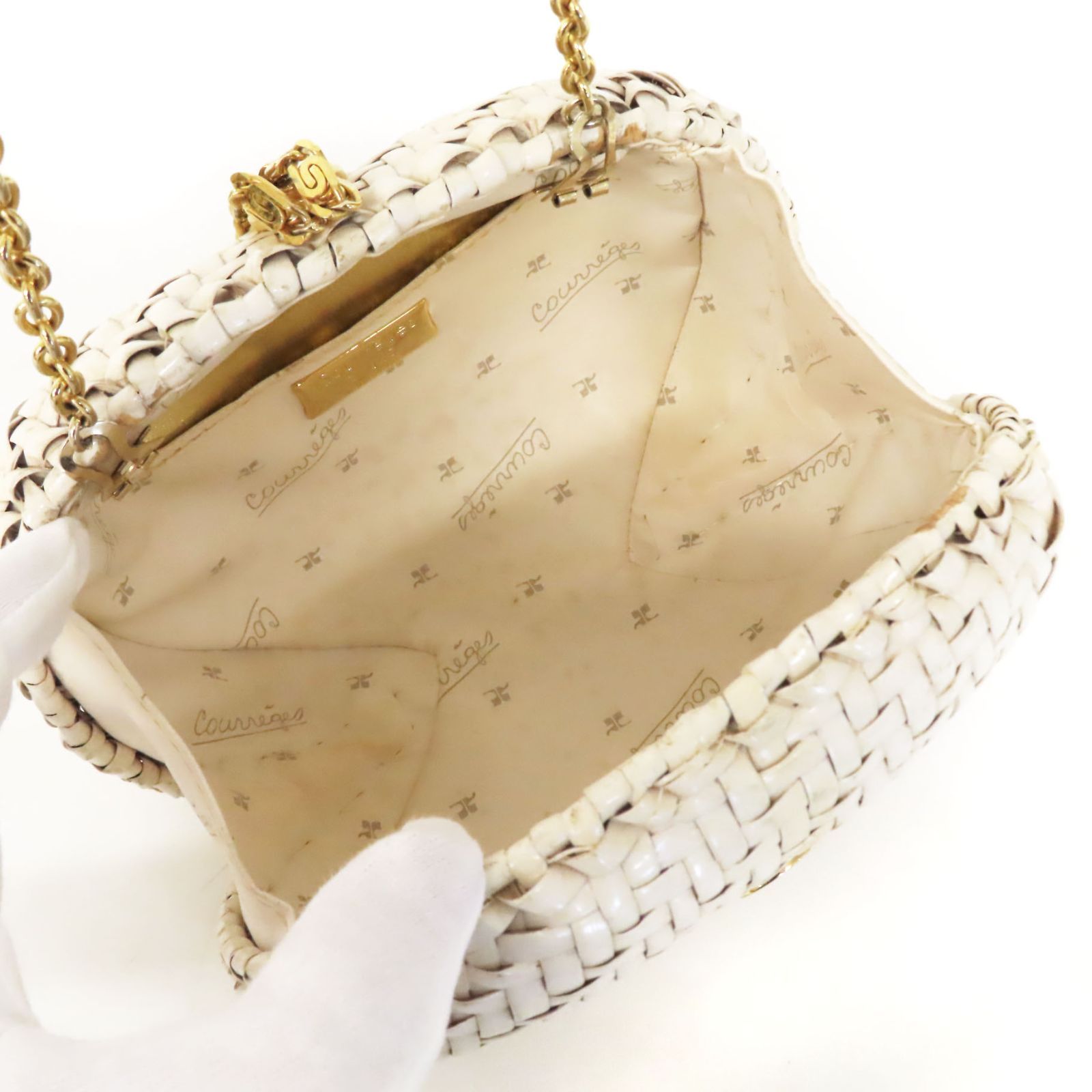 oe25103 美品 Courreges クレージュ ロゴ金具 籐 編み込み ラタン