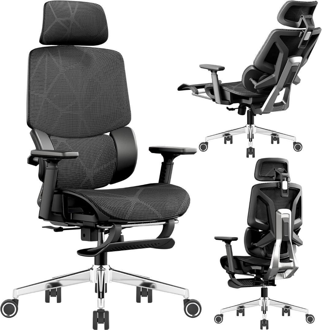 オフィスチェア 人間工学 椅子 疲れない デスクチェア ハイバック 3ゾーンランバーサポート搭載 座面スライド 3Dヘッドレスト 3Dアームレスト 背面3段階調節 リクライニング 通気性 メッシュ ブラック H-WY07 黒網 黒枠