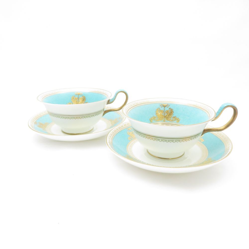 WEDGWOOD ウェッジウッド コロンビア パウダー ターコイズ ティーカップ＆ソーサー 2客 ペア ピオニー 金彩 黒壺 紅茶 英国 SU12370J1