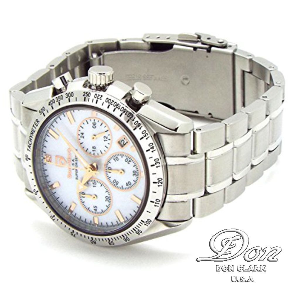 アンクラーク レディース腕時計 タキメーター クロノグラフ 日本製ムーブメント搭載 天然白シェル文字盤 お肌に優しいオールステインレス素材