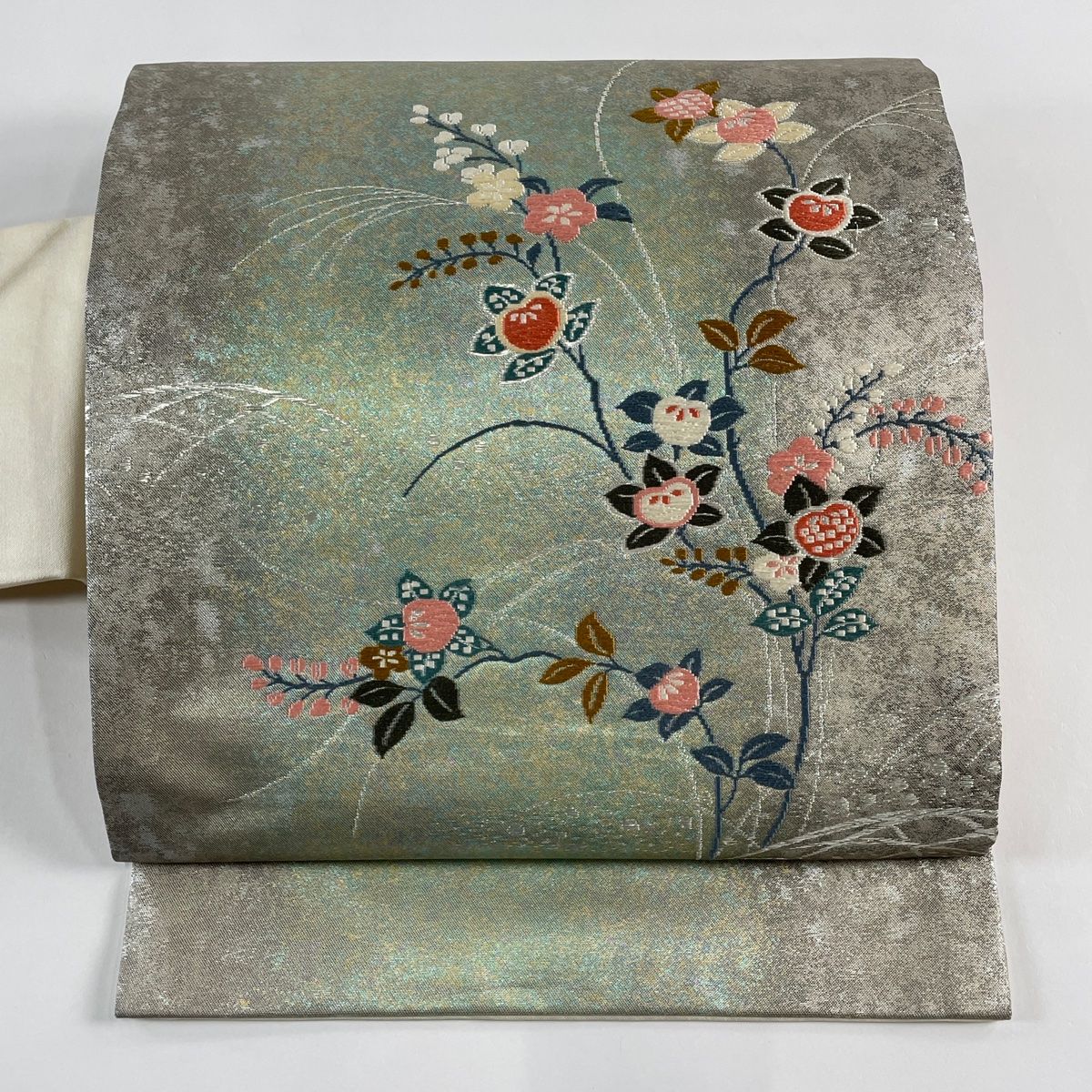 【希少アンティーク・美品】金銀糸や赤の漆糸、大正ロマンな芍薬☆正絹 名古屋帯 大正浪漫 アンティーク 長襦袢 菊 赤 紅絹 花模様 着物 レトロ