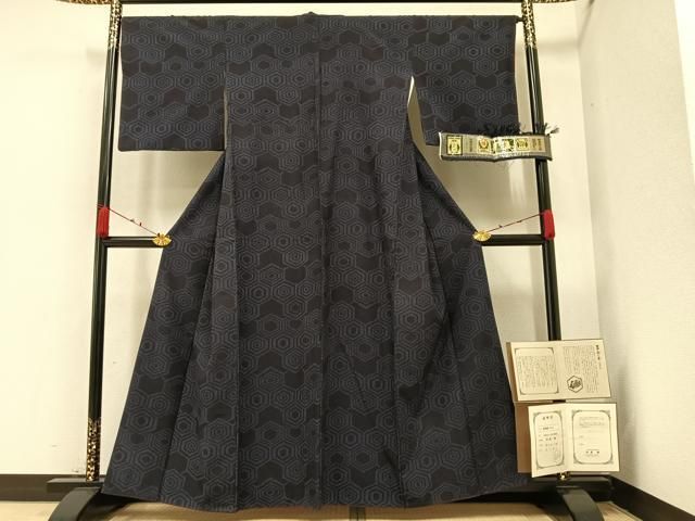 平和屋着物▽結城紬 単衣 80亀甲 幾何学文様 正絹 逸品 AAAW1636fy