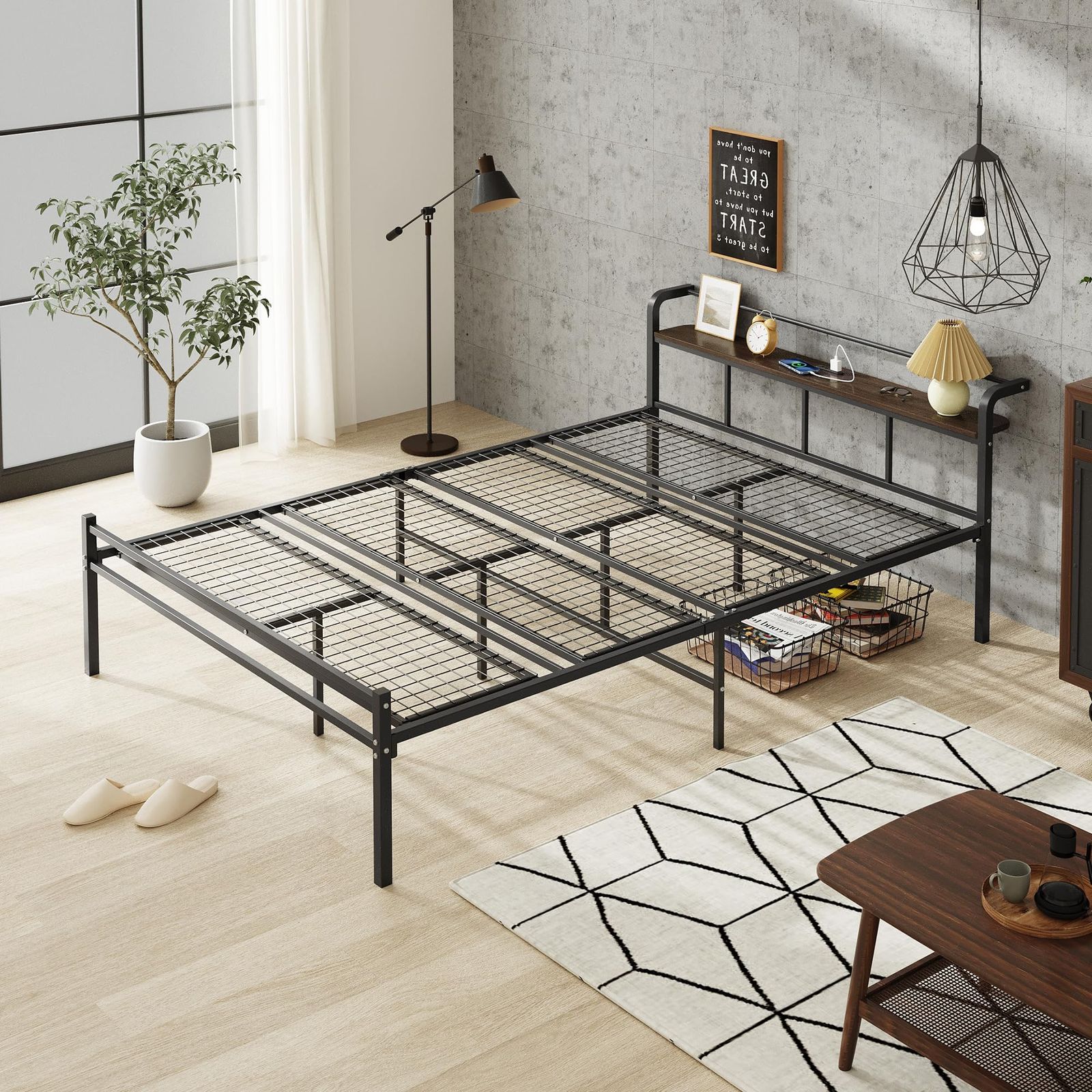 スチールベッドフレーム 組立簡単 高さ31cm bed 床下収納 棚付き 頑丈なべっどふれーむ frame 静音 ダブルベッド パイプ 宮棚 double 2口コンセント コンセント付き パイプベッド ACHJ629BL ダブル ベッドフレーム WLIV