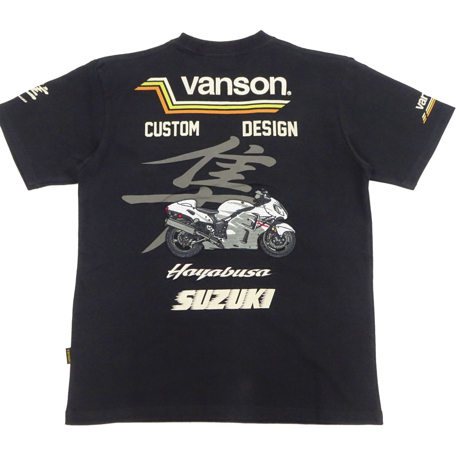 SMV-2403 バンソン スズキ コラボTシャツ VANSON SUZUKI 隼 はやぶさ GSX1300R バイク オートバイ 二輪 レーサー 刺繍 半袖Tシャツ 黒 新品 アメカジショップ