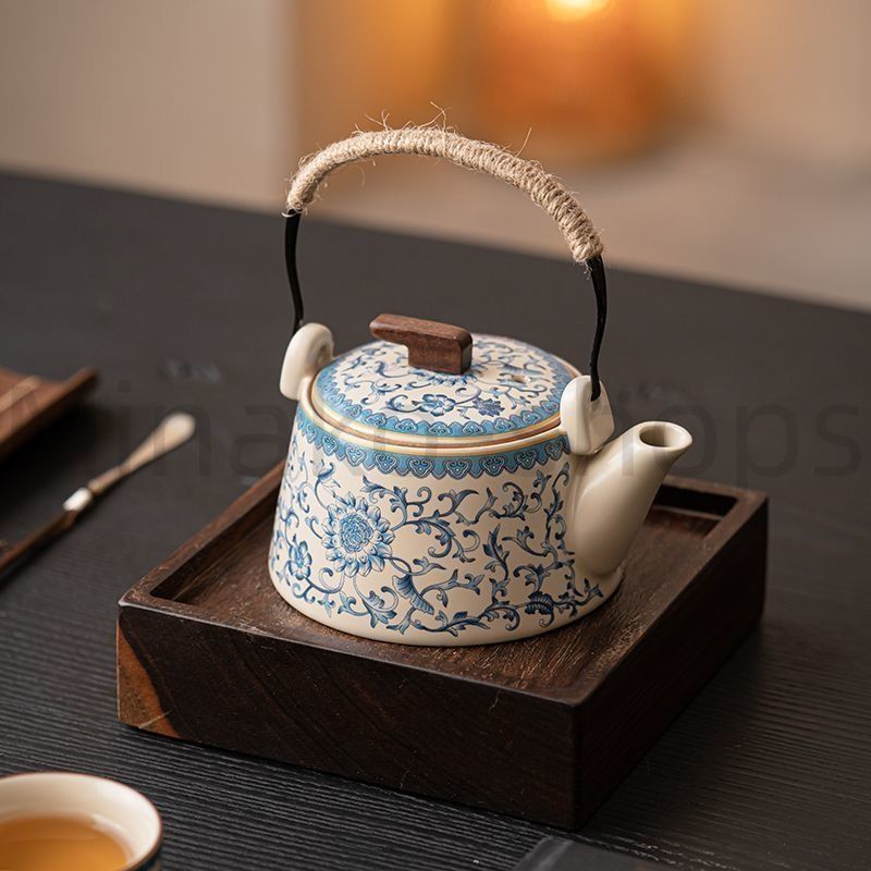中国風汝窯青花茶壺、小サイズの提梁壺、セラミック茶具、汝瓷の