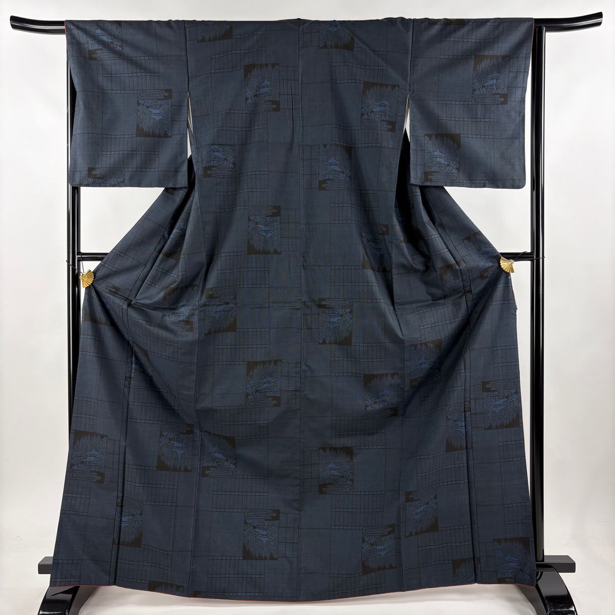 大島紬 名品 証紙 やまと 純泥染 色紙 草花 濃紺 袷 身丈163cm 裄丈63cm