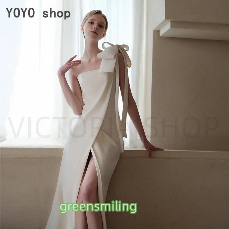 ウェディングドレス ウエディングドレス 二次会 結婚式 前撮り ブライダル ロングドレス 花嫁 スレンダードレス スレンダーライン 白 スリット ワンショルダー