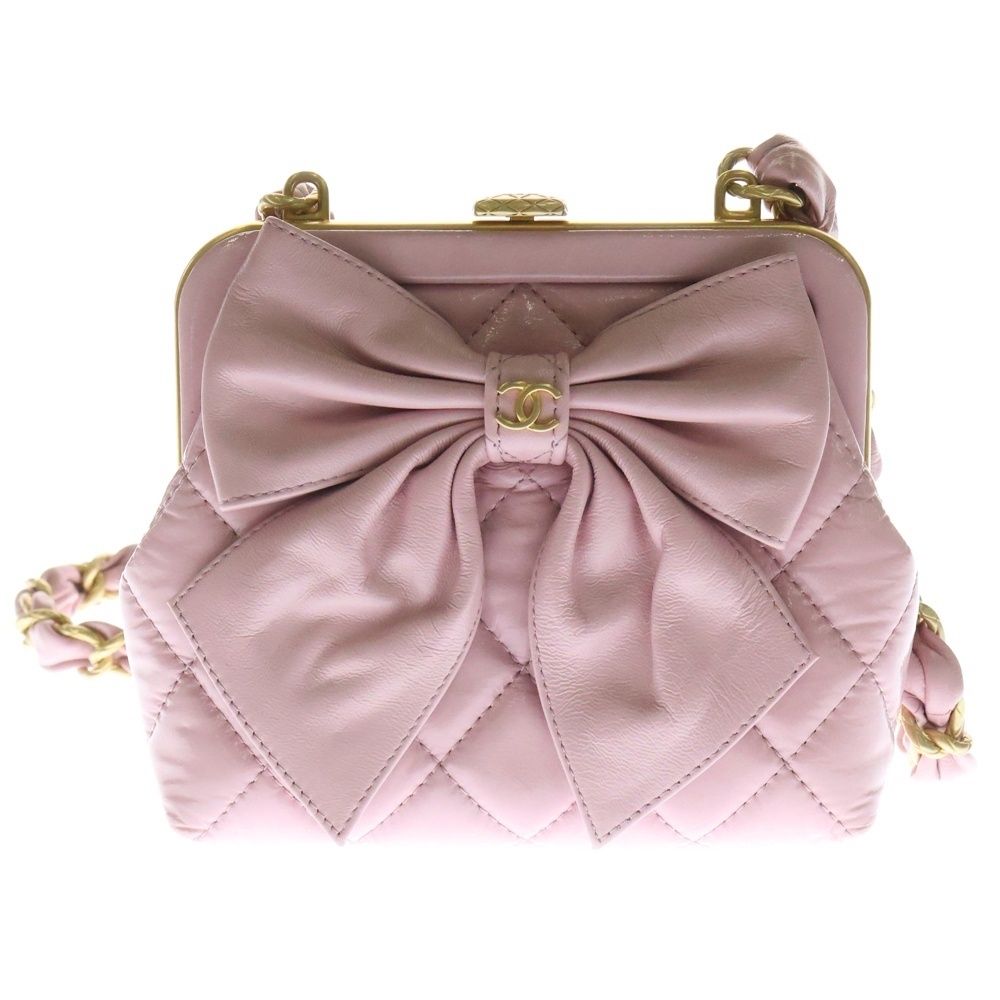 CHANEL (シャネル) CCリボン チェーンクラッチバッグ ピンク レザー 