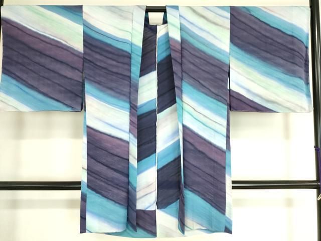 平和屋着物▽長羽織　スリーシーズン　春夏秋　塵除け　紋紗　斜縞　暈し染め　正絹　逸品　DAAT9155az 平和屋着物▽長羽織 スリーシーズン 春夏秋 塵除け 紋紗 斜縞 暈し染め